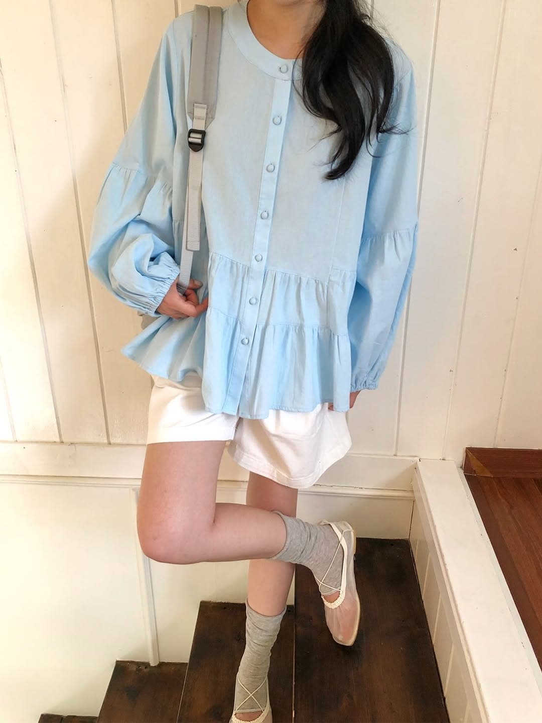 한 부서 연령 감소 라운드 넥 계단식 밑단 루즈핏 긴팔 맨위 상세 이미지 3