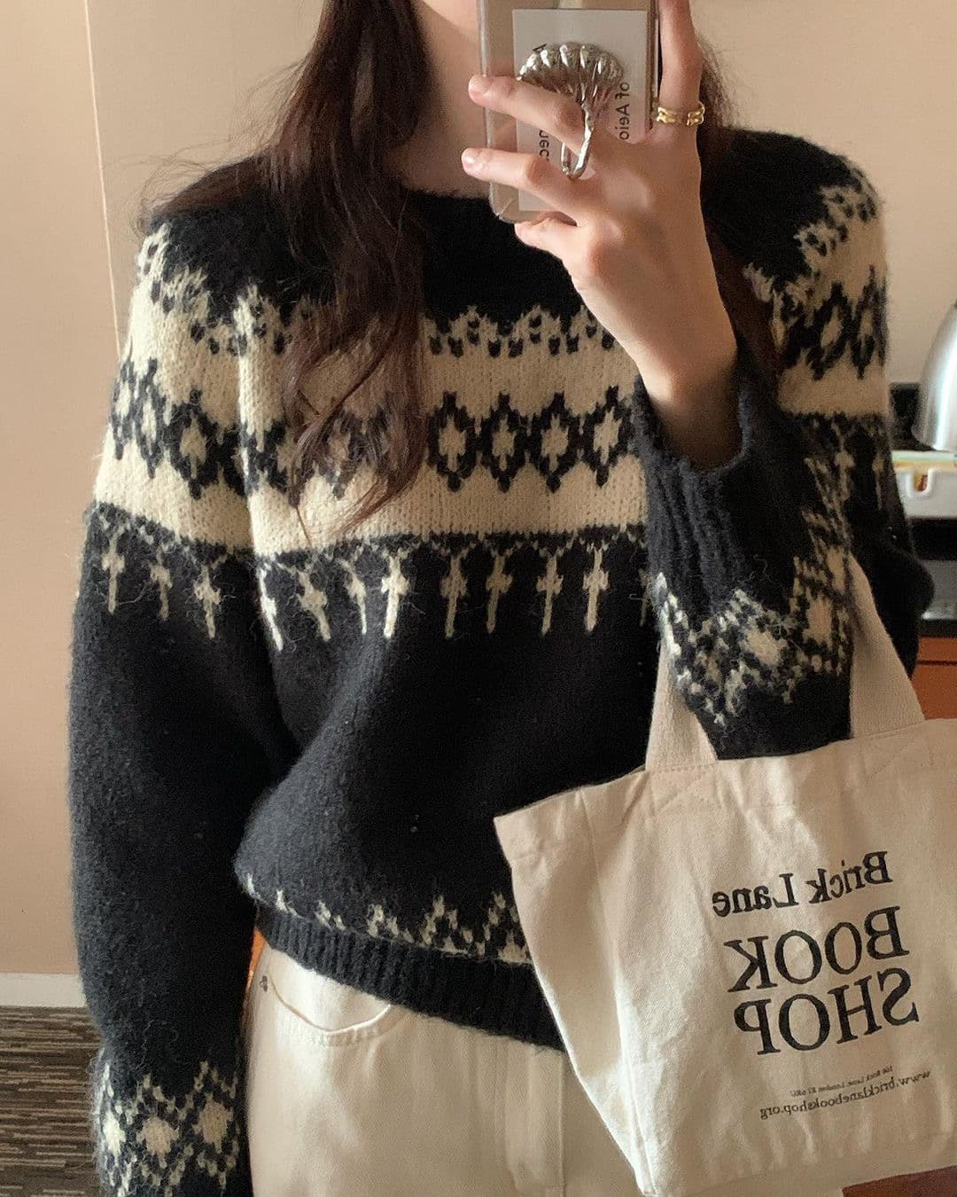 있음 선적 한 부서 레트로 공정한 섬 자카드 라운드 넥 루즈핏 느긋한 바람 배색 부드러운 찹쌀 다용도 스웨터 이미지 3