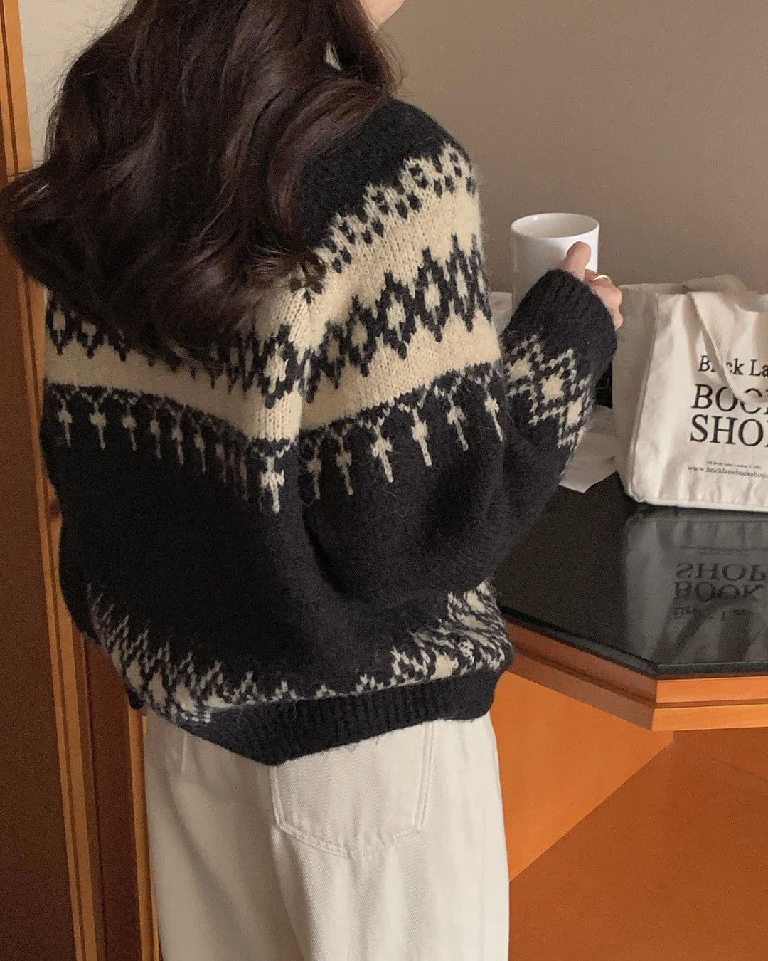 있음 선적 한 부서 레트로 공정한 섬 자카드 라운드 넥 루즈핏 느긋한 바람 배색 부드러운 찹쌀 다용도 스웨터 상세 이미지 3