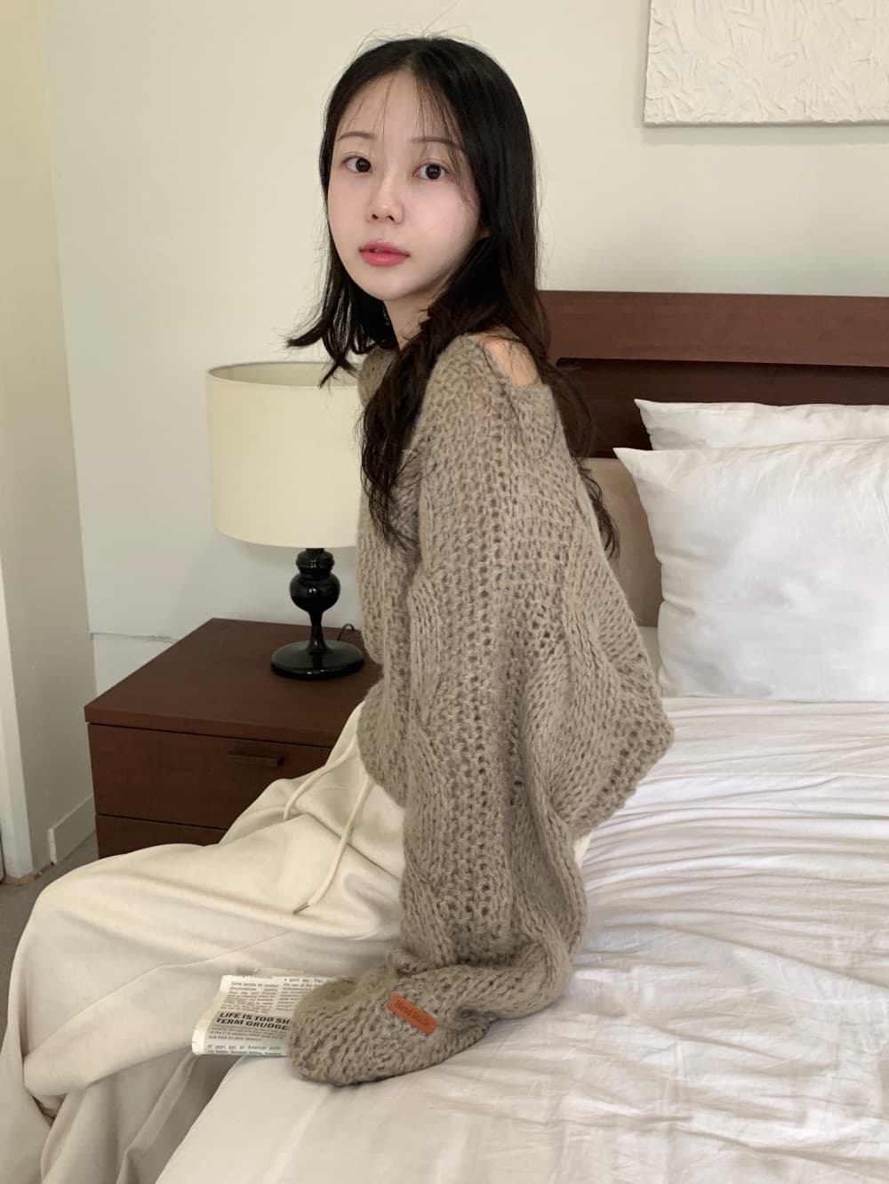 있음 선적 한 부서 느긋한 홀로우 아웃 보트넥 꽈배기 매듭 풀오버 상세 이미지 12