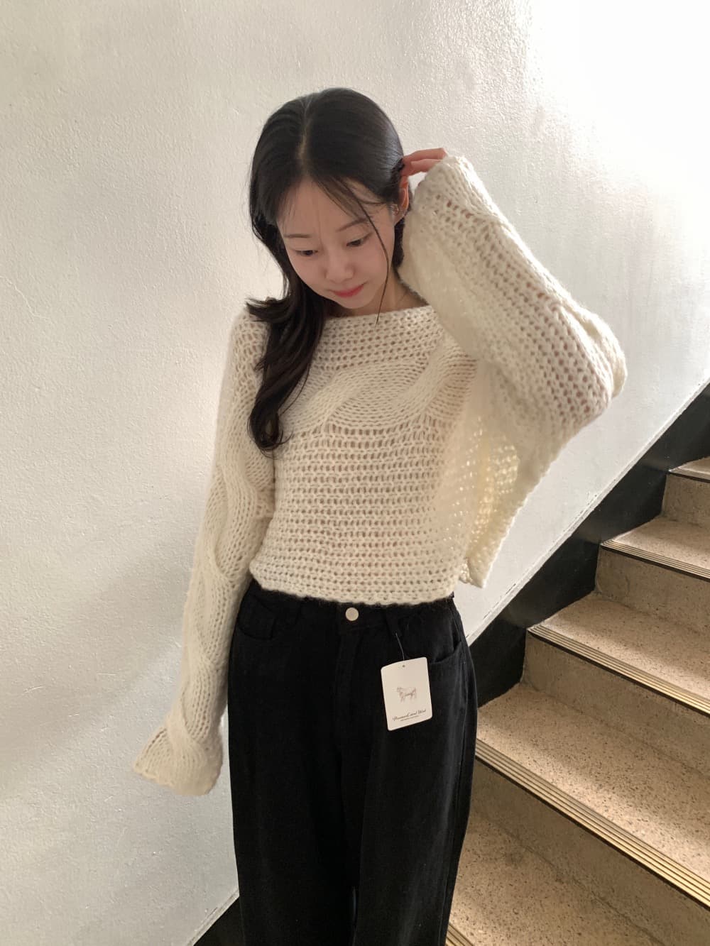 있음 선적 한 부서 느긋한 홀로우 아웃 보트넥 꽈배기 매듭 풀오버 상세 이미지 13