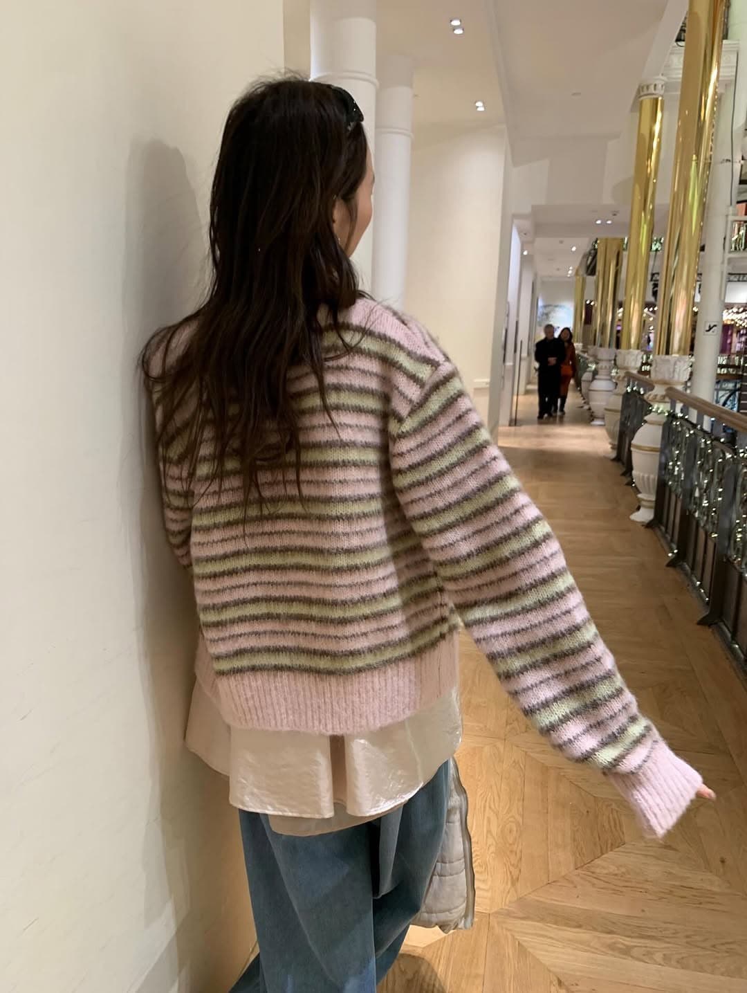 있음 선적 한 부서 레트로 V넥 색상 스트라이프 찹쌀 느긋한 바람 루즈핏 싱글 줄 버튼 스웨터 코트 상세 이미지 7