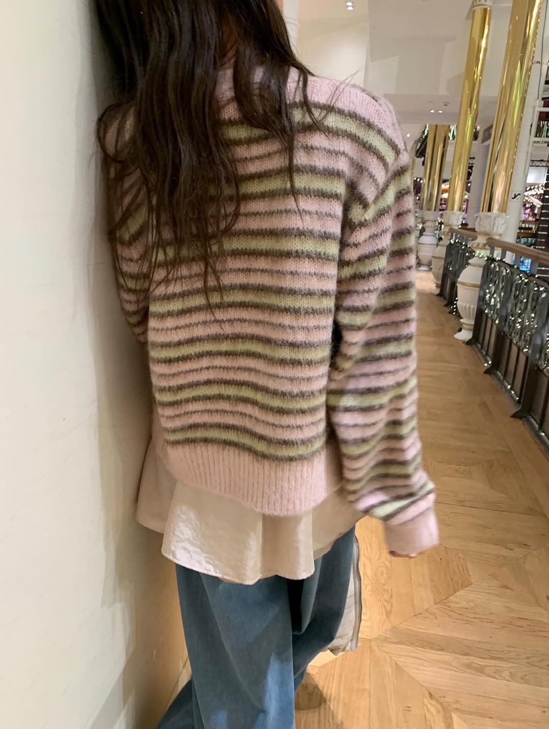 있음 선적 한 부서 레트로 V넥 색상 스트라이프 찹쌀 느긋한 바람 루즈핏 싱글 줄 버튼 스웨터 코트 상세 이미지 11