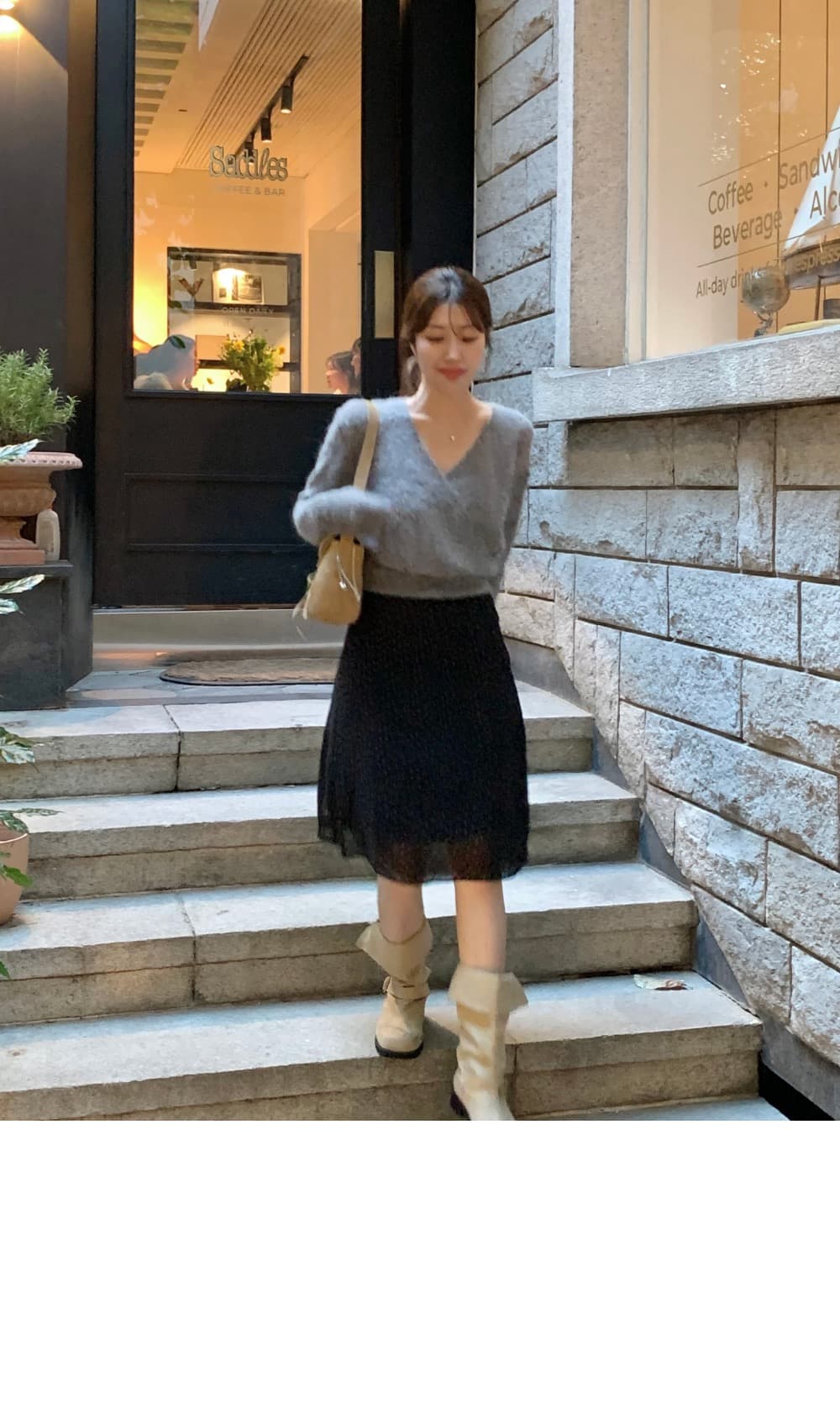 있음 선적 프랑스식 부드러운 바람 십자가 V넥 부드러운 찹쌀 슬림해 보이는 슬림 소매 풀오버 상세 이미지 1