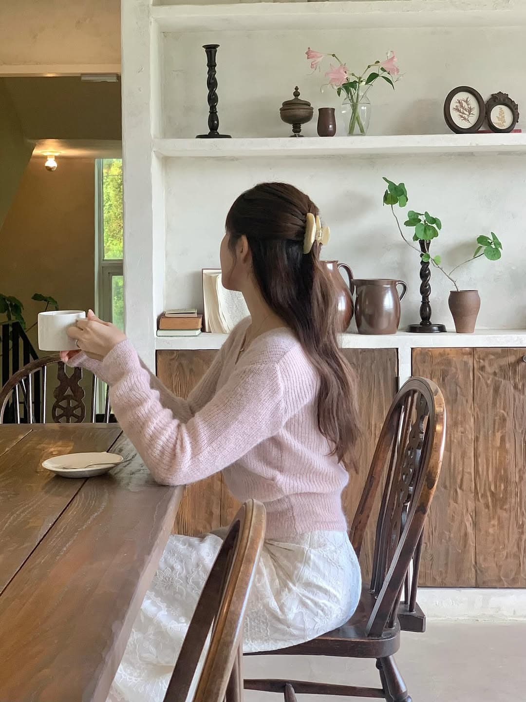 있음 선적 프랑스식 부드러운 바람 십자가 V넥 부드러운 찹쌀 슬림해 보이는 슬림 소매 풀오버 상세 이미지 18