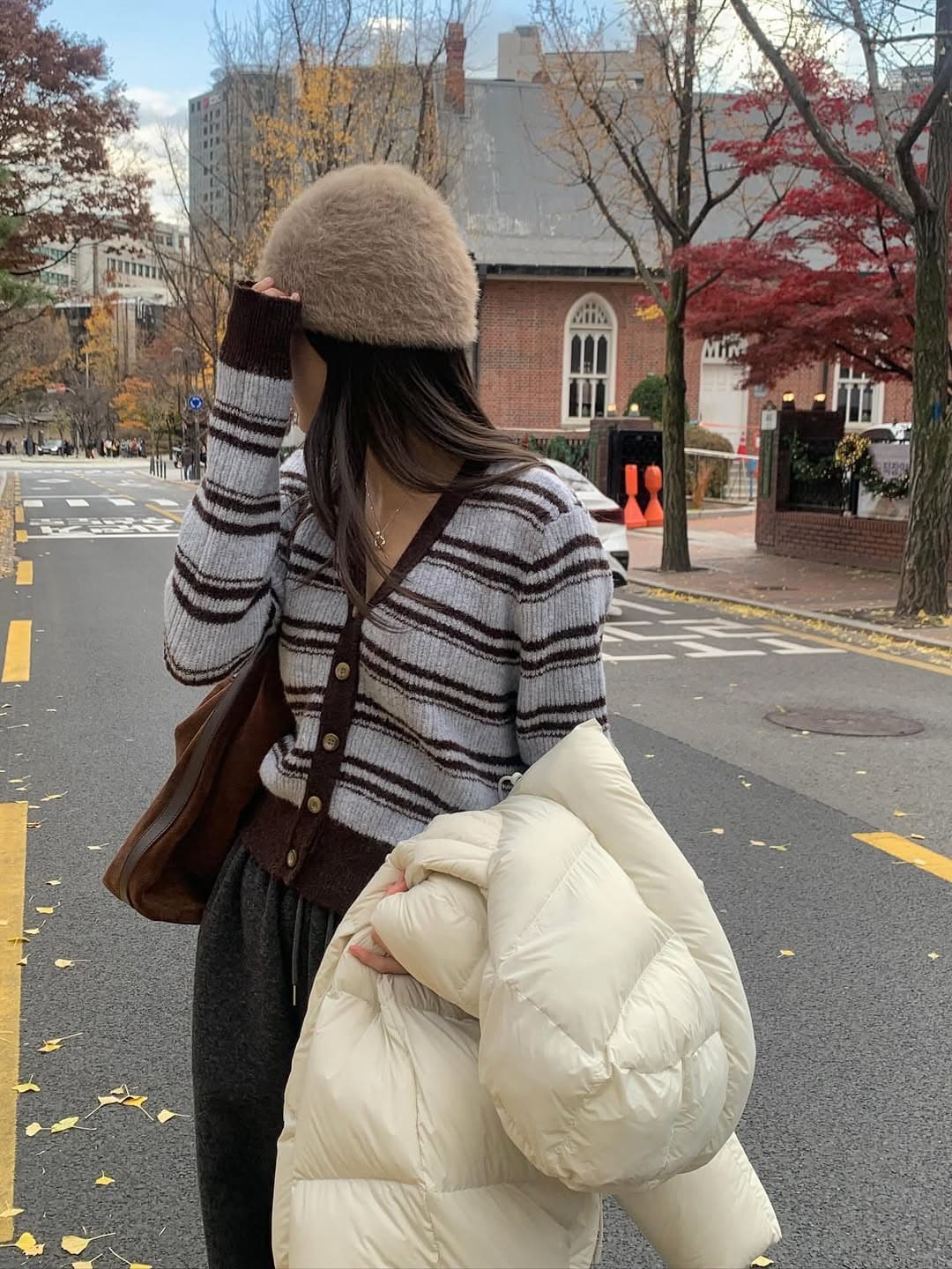 있음 선적 한 부서 스트라이프 V넥 털 니트 오픈 가디건 싱글 줄 버튼 상세 이미지 2