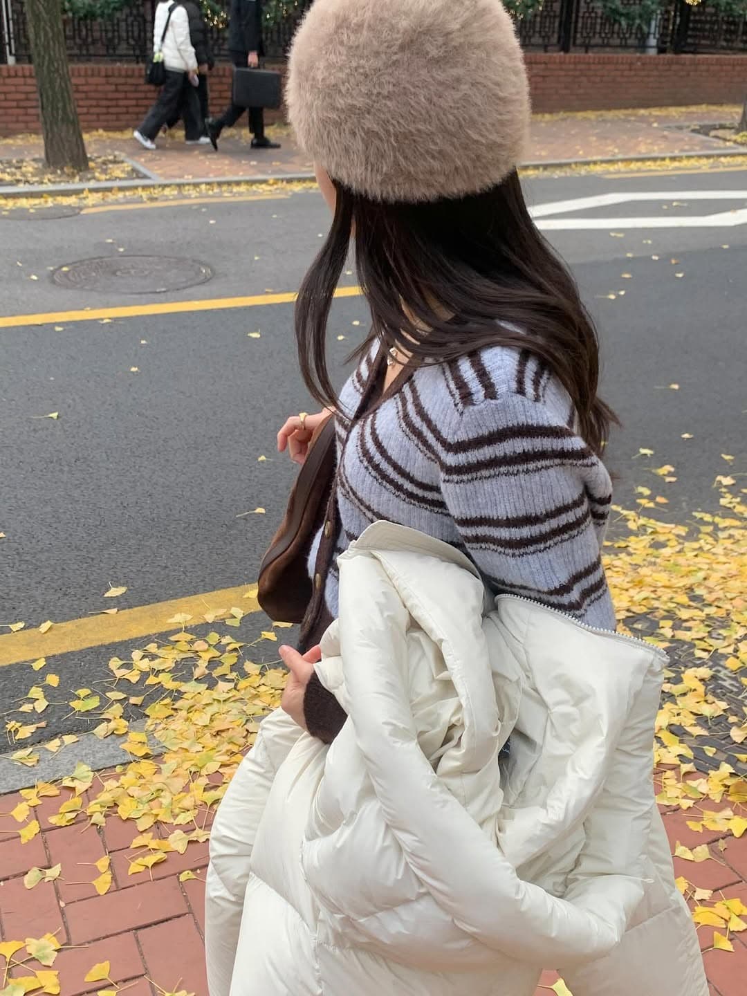 있음 선적 한 부서 스트라이프 V넥 털 니트 오픈 가디건 싱글 줄 버튼 상세 이미지 5
