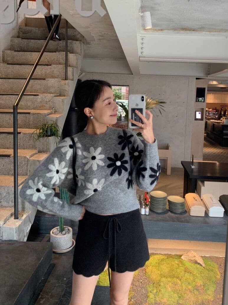 있음 선적 한 부서 느슨함 센스 부드러운 찹쌀 꽃무늬 자카드 라운드 넥 긴팔 스웨터 풀오버 여성 이미지 3