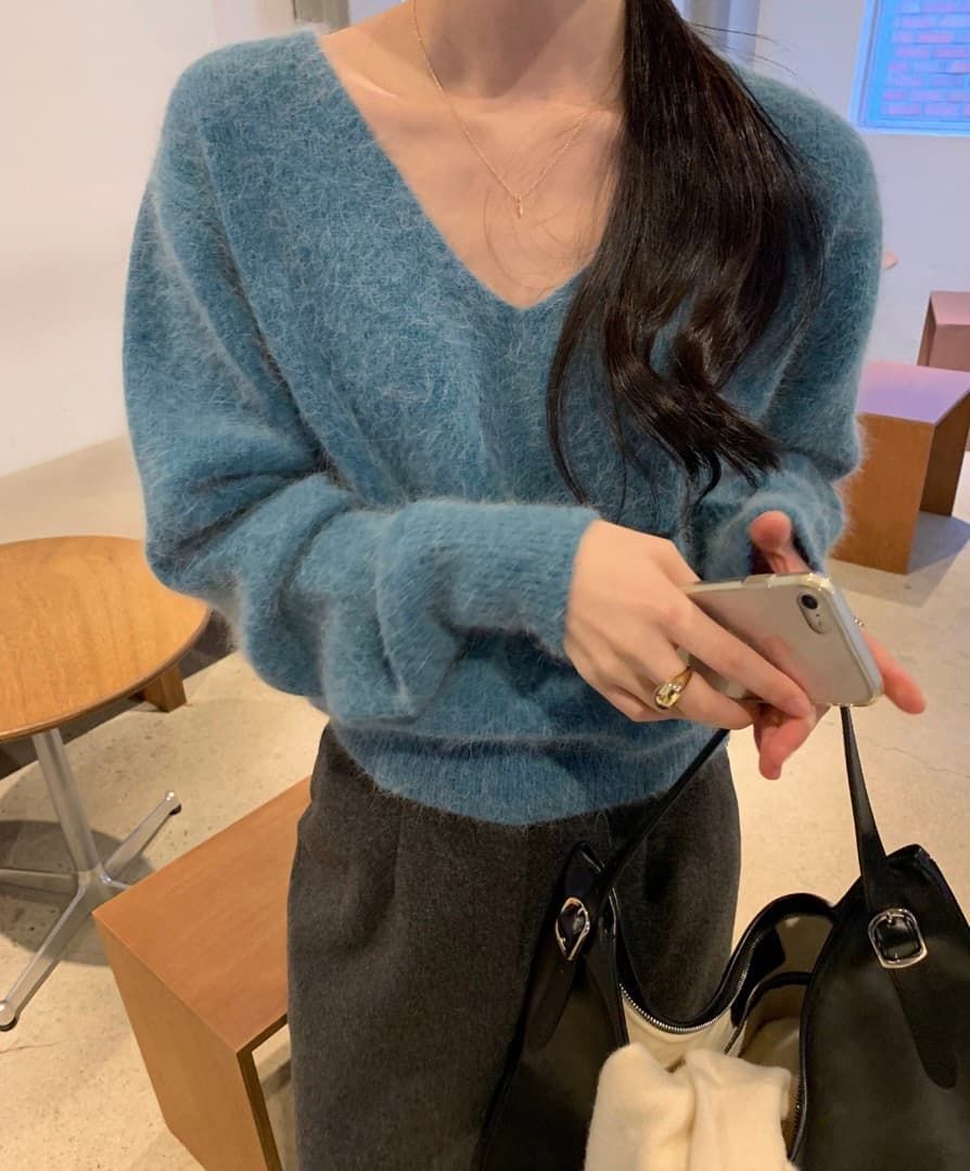 있음 선적 한 부서 미니멀리즘 V넥 긴팔 스웨터 여자 이미지 2