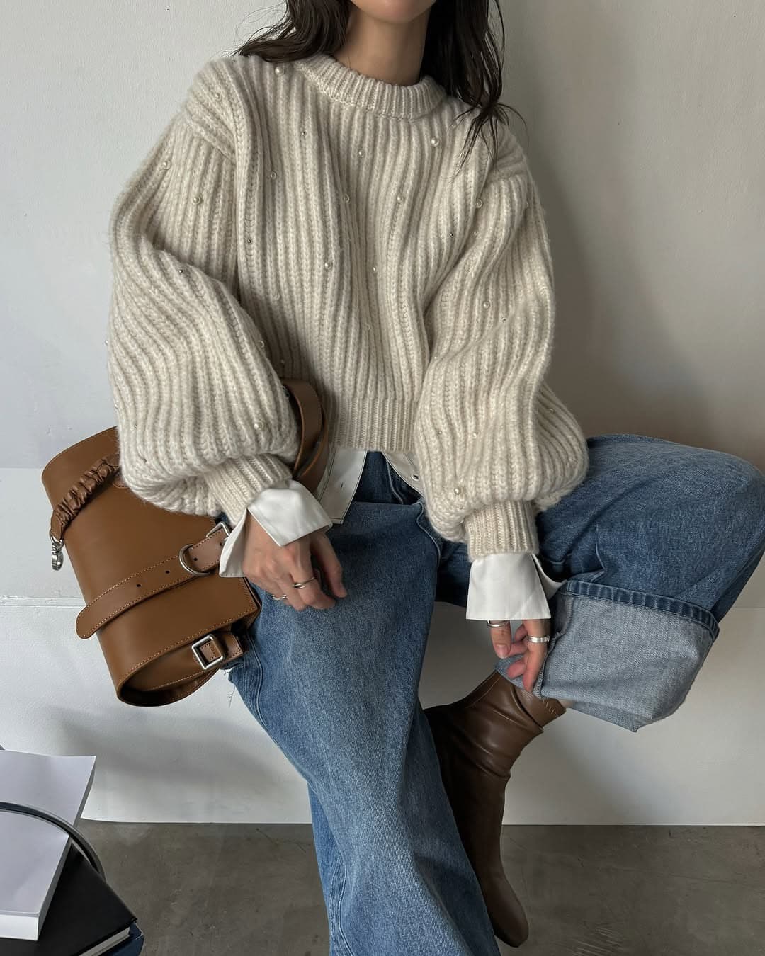 한 부서 느긋한 무거운 작업 두꺼운 바늘 주문 구슬 루즈핏 스웨터 여자 풀오버 상세 이미지 5