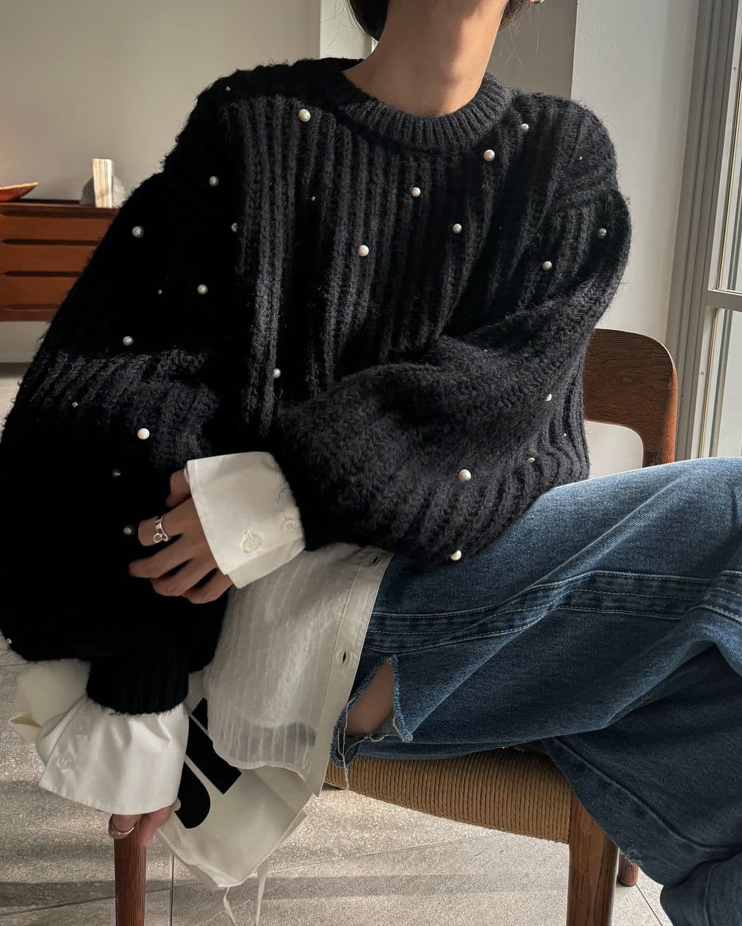 한 부서 느긋한 무거운 작업 두꺼운 바늘 주문 구슬 루즈핏 스웨터 여자 풀오버 상세 이미지 10