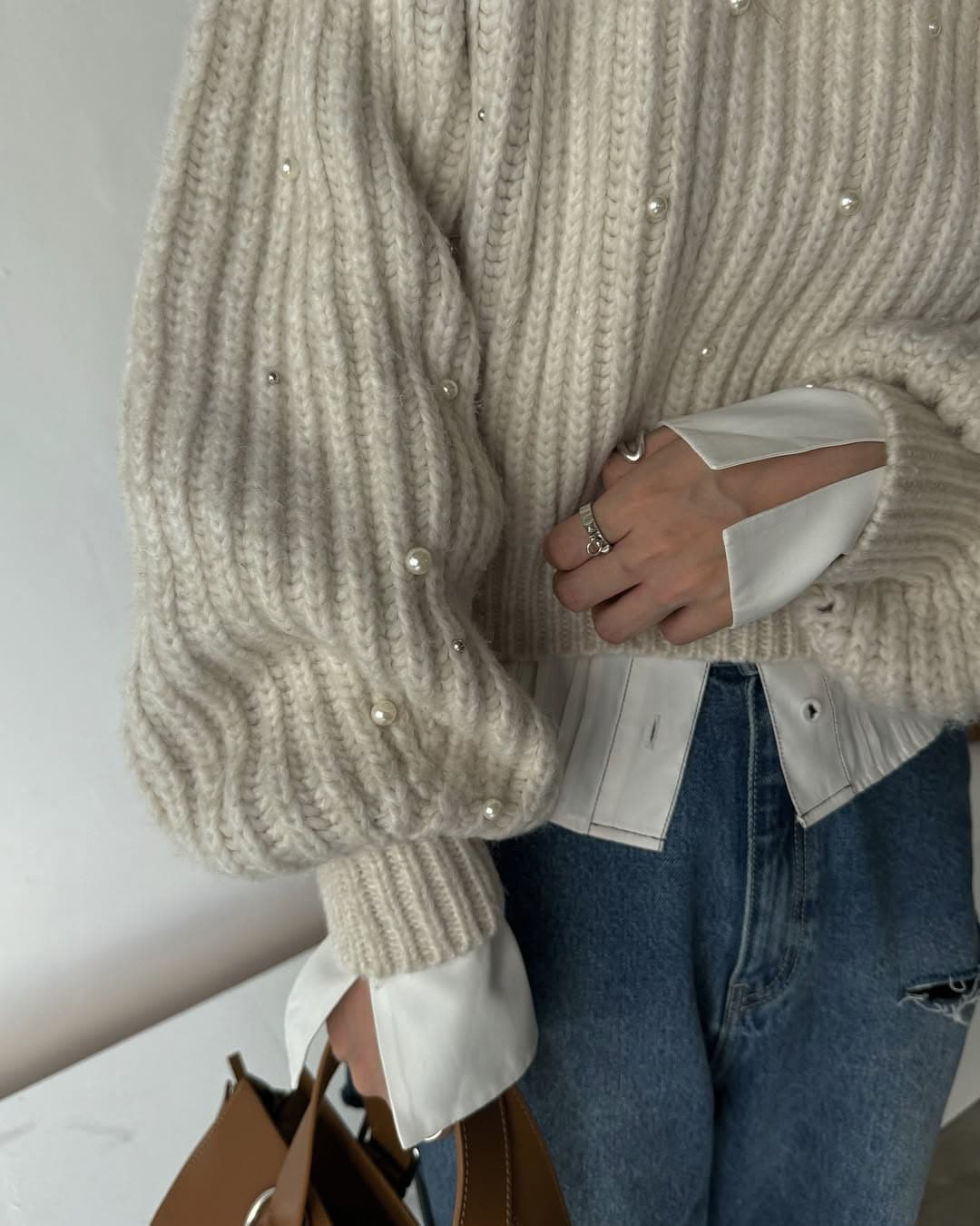 한 부서 느긋한 무거운 작업 두꺼운 바늘 주문 구슬 루즈핏 스웨터 여자 풀오버 상세 이미지 11