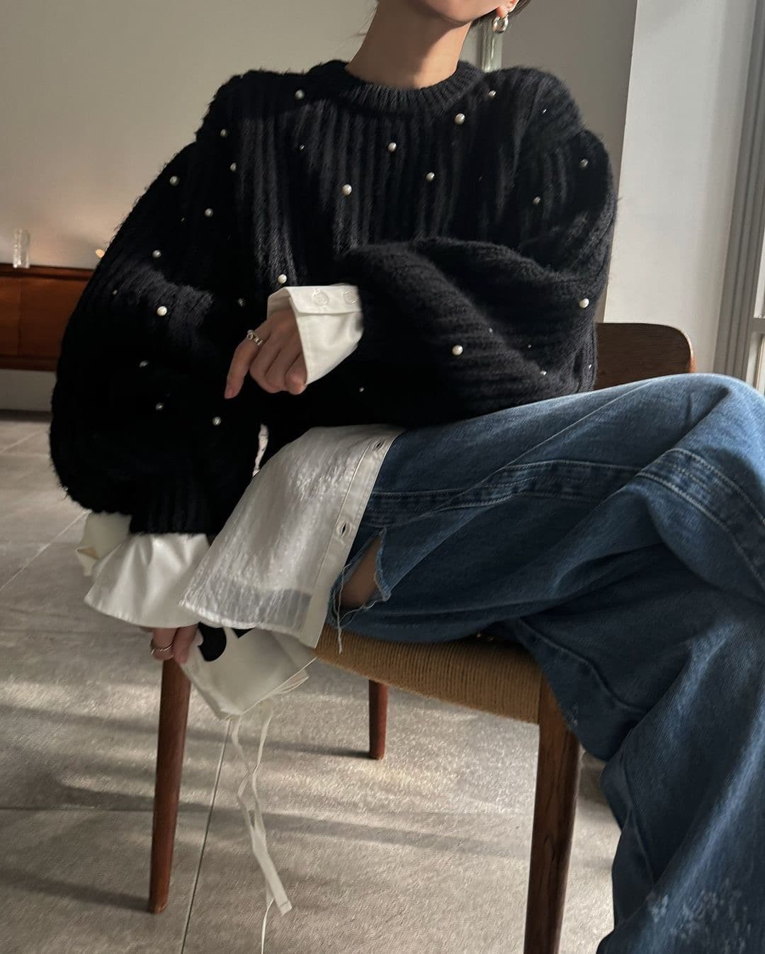 한 부서 느긋한 무거운 작업 두꺼운 바늘 주문 구슬 루즈핏 스웨터 여자 풀오버 상세 이미지 14