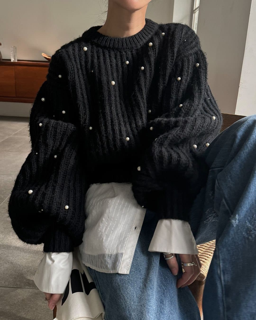 한 부서 느긋한 무거운 작업 두꺼운 바늘 주문 구슬 루즈핏 스웨터 여자 풀오버 상세 이미지 15
