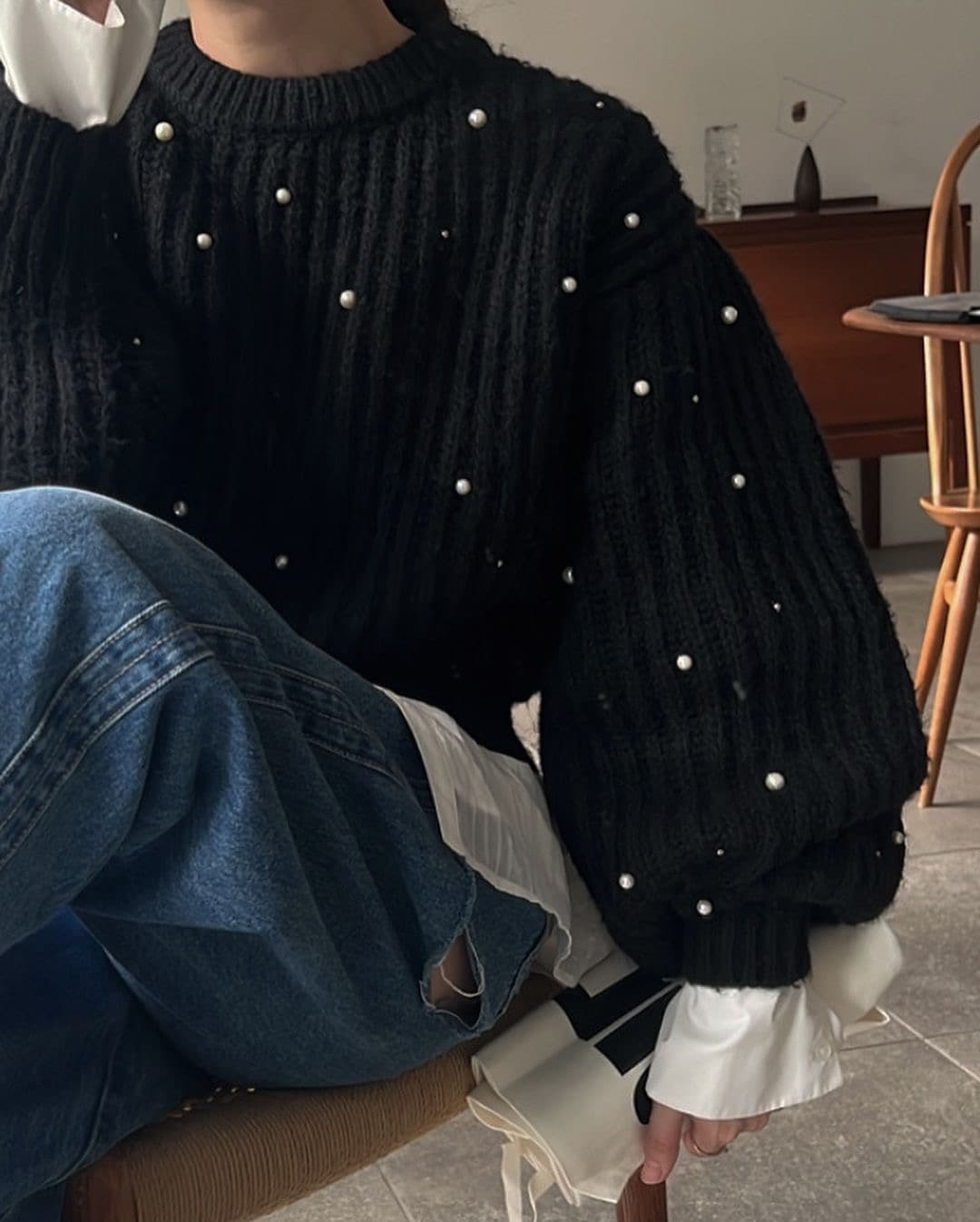 한 부서 느긋한 무거운 작업 두꺼운 바늘 주문 구슬 루즈핏 스웨터 여자 풀오버 상세 이미지 17
