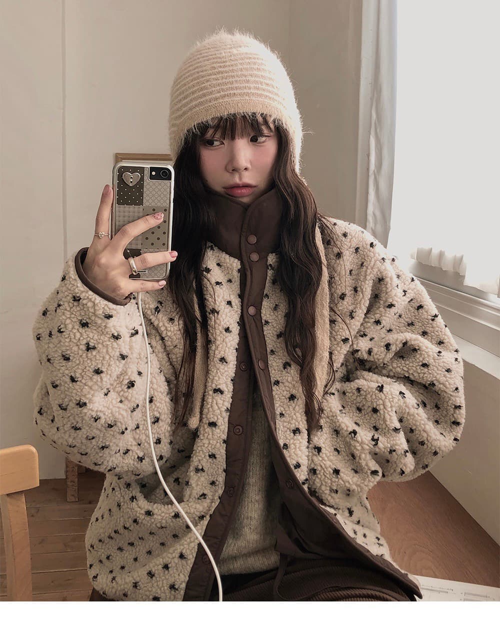 있음 선적 한 부서 달콤함 양털 플리스 자카드 양면 착용 루즈핏 보온 재킷