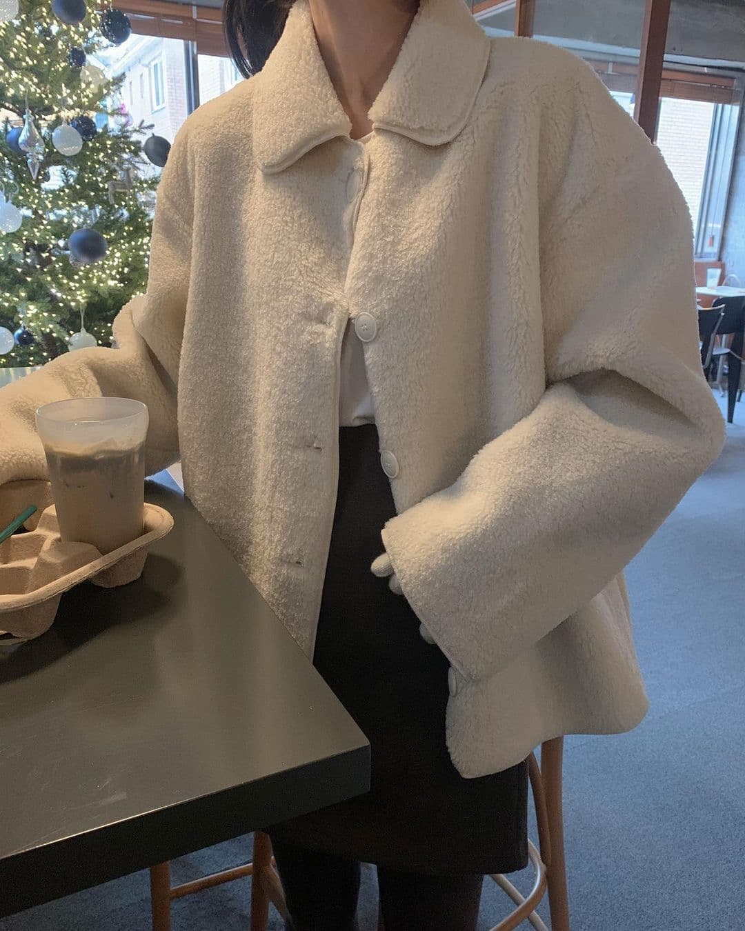 있음 선적 한 부서 클래식 프로필 모양 폴로 칼라 긴팔 루즈핏 양털 플리스 피모 하나 보온 재킷 이미지 4