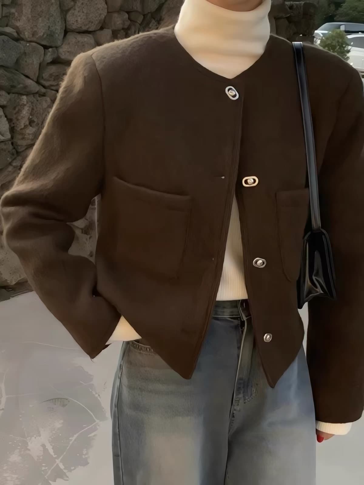 있음 선적 한 부서 품격 라운드 넥 모직 외투 싱글 줄 버튼 이미지 2