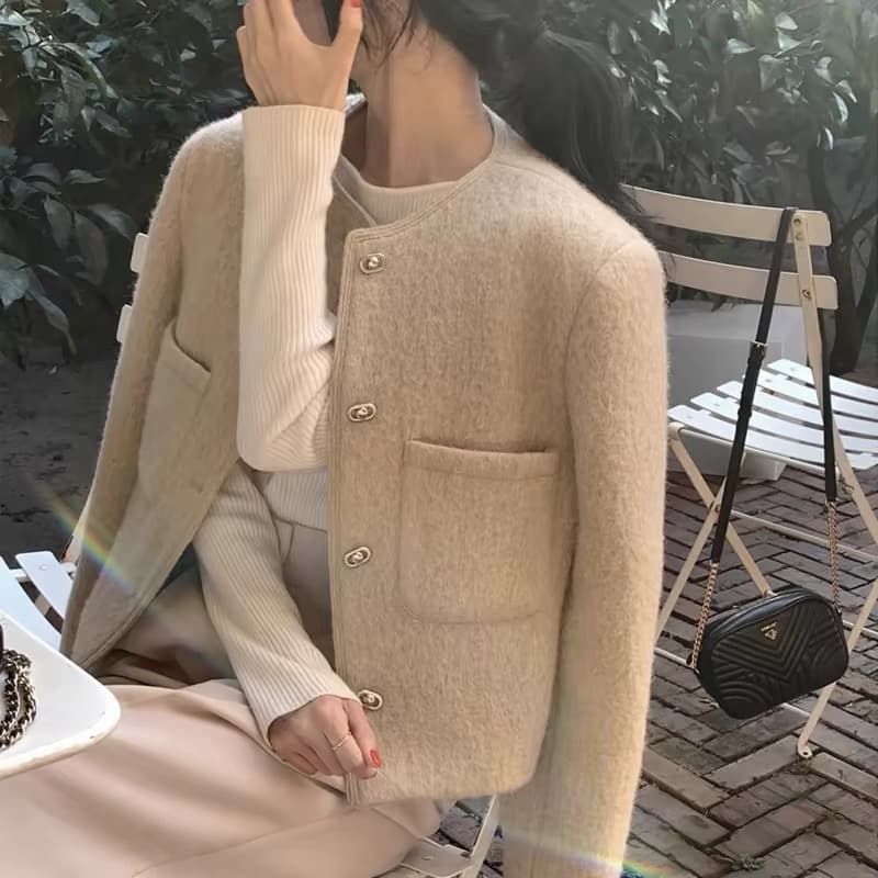 있음 선적 한 부서 품격 라운드 넥 모직 외투 싱글 줄 버튼