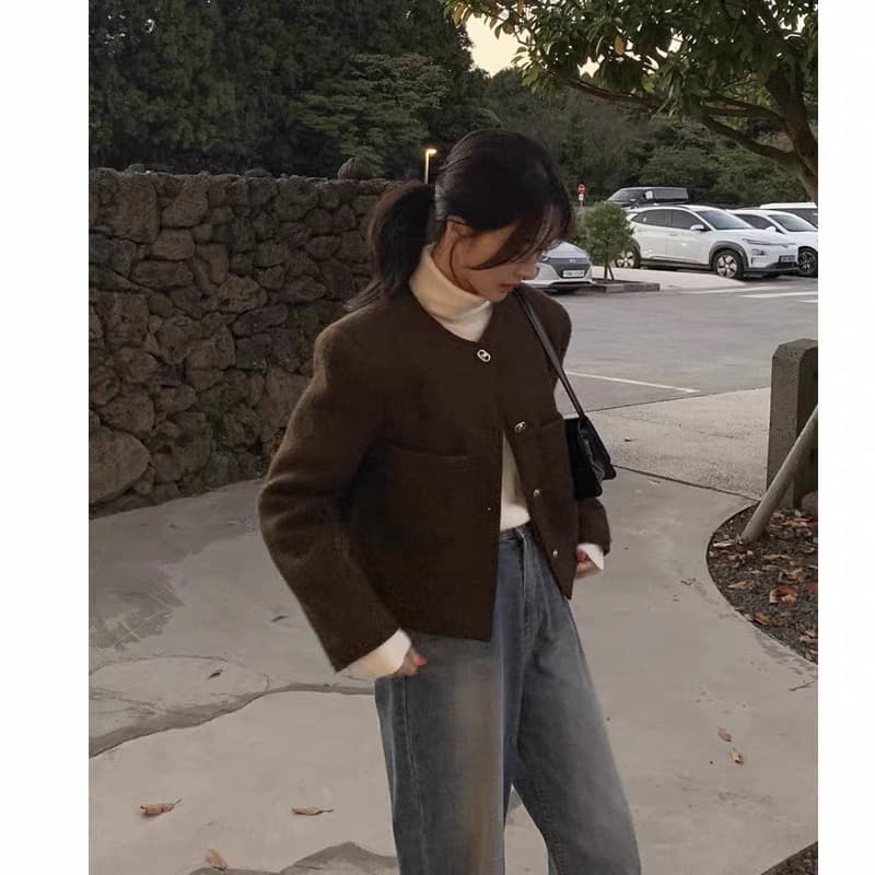 있음 선적 한 부서 품격 라운드 넥 모직 외투 싱글 줄 버튼 이미지 3