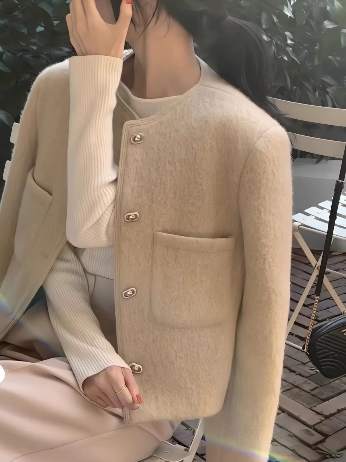 있음 선적 한 부서 품격 라운드 넥 모직 외투 싱글 줄 버튼 이미지 4