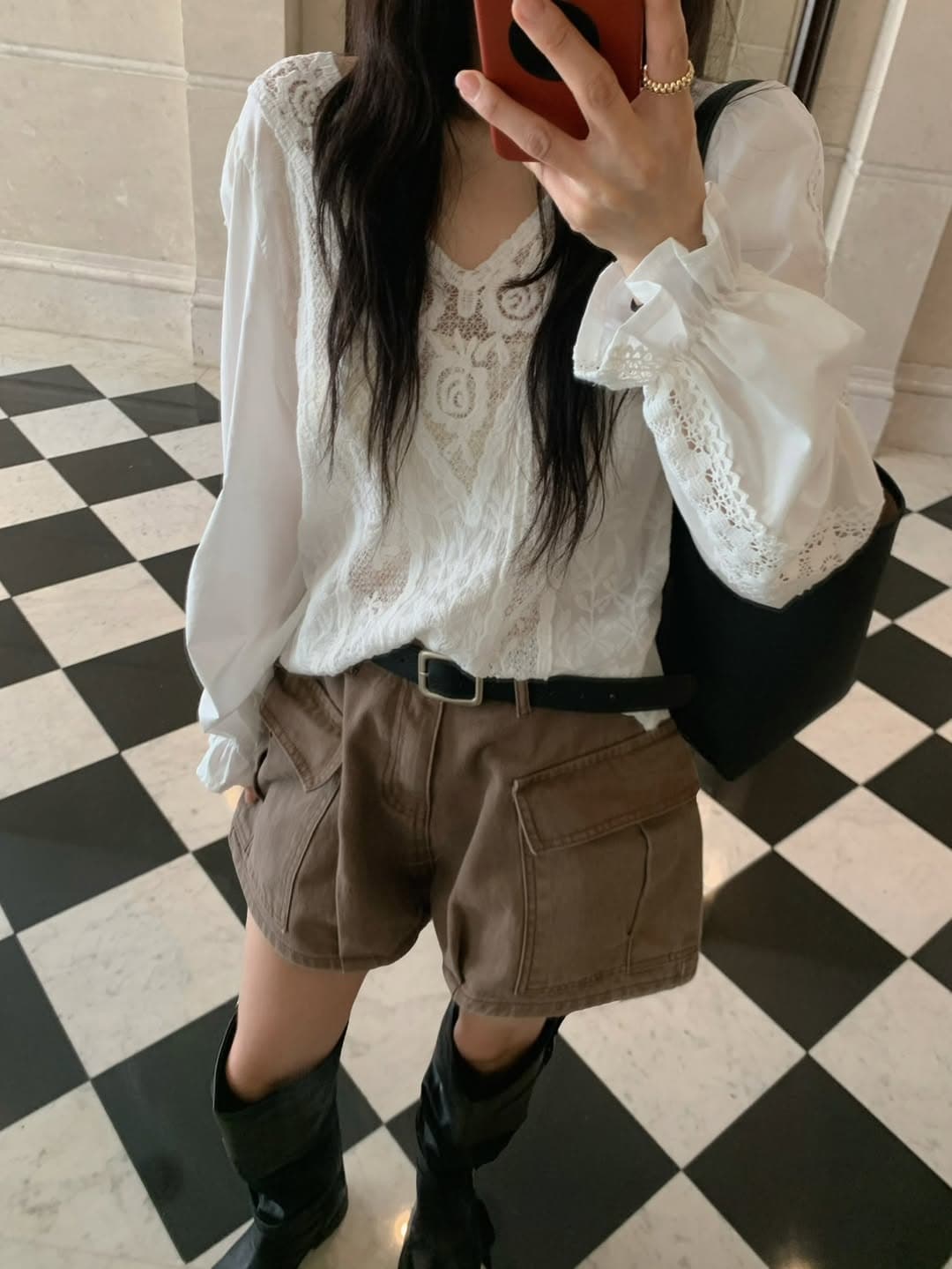있음 밖으로 한 부서 레트로 레이스 훅 제직 패치워크 V넥 홀로우 아웃 거품 소매 맨위