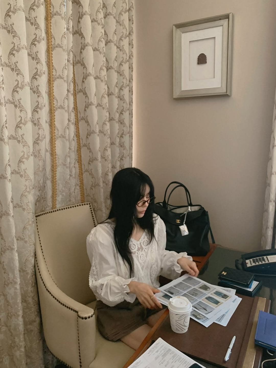 있음 밖으로 한 부서 레트로 레이스 훅 제직 패치워크 V넥 홀로우 아웃 거품 소매 맨위 상세 이미지 4