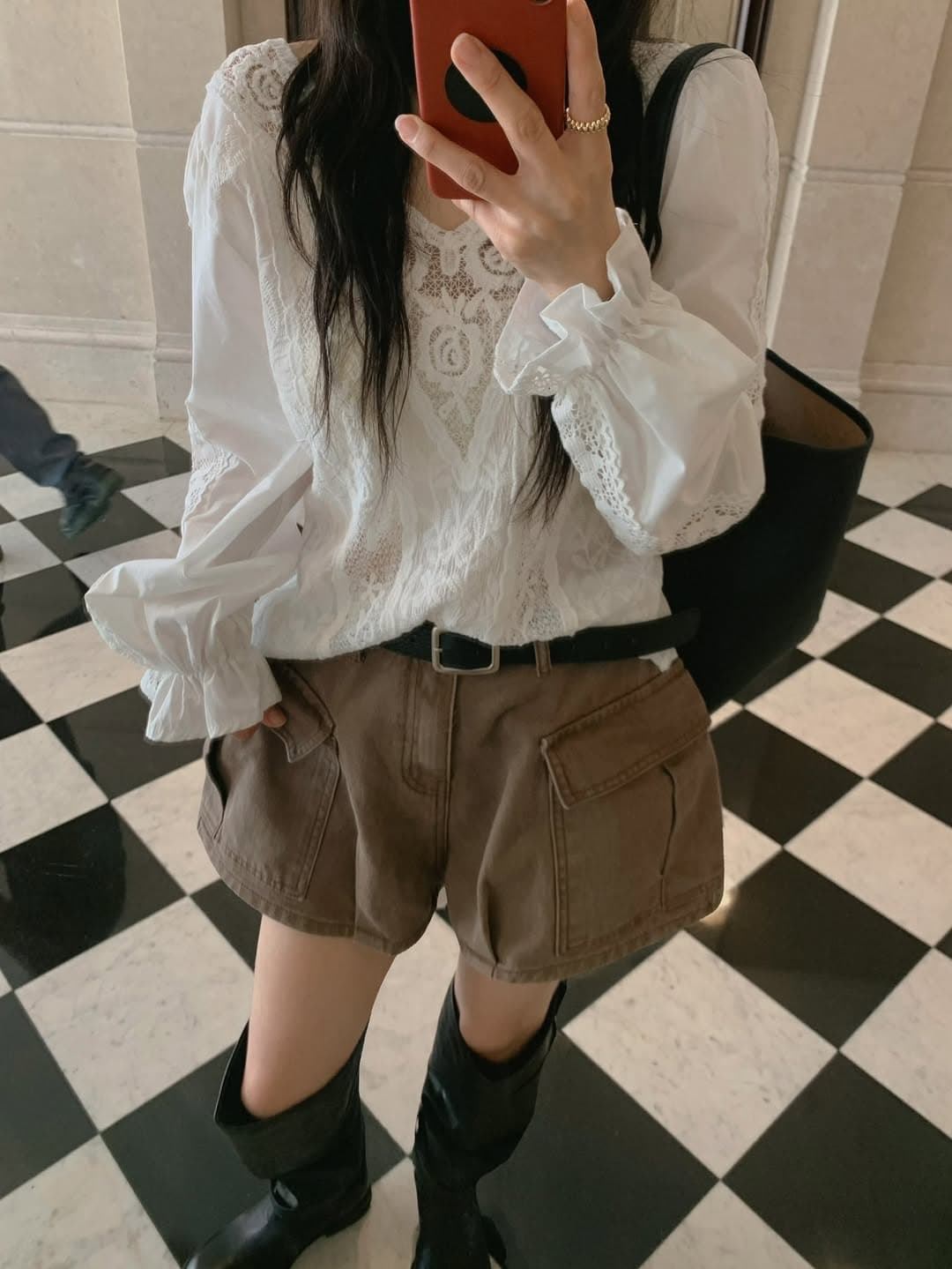 있음 밖으로 한 부서 레트로 레이스 훅 제직 패치워크 V넥 홀로우 아웃 거품 소매 맨위 상세 이미지 8