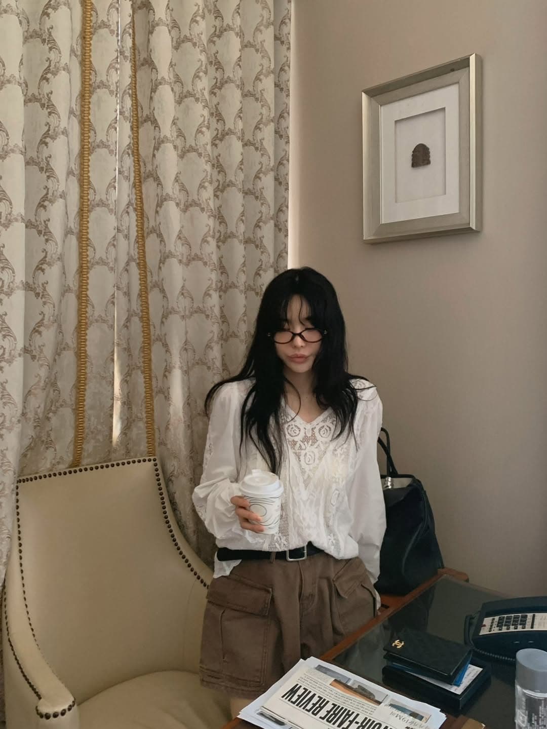 있음 밖으로 한 부서 레트로 레이스 훅 제직 패치워크 V넥 홀로우 아웃 거품 소매 맨위 상세 이미지 12