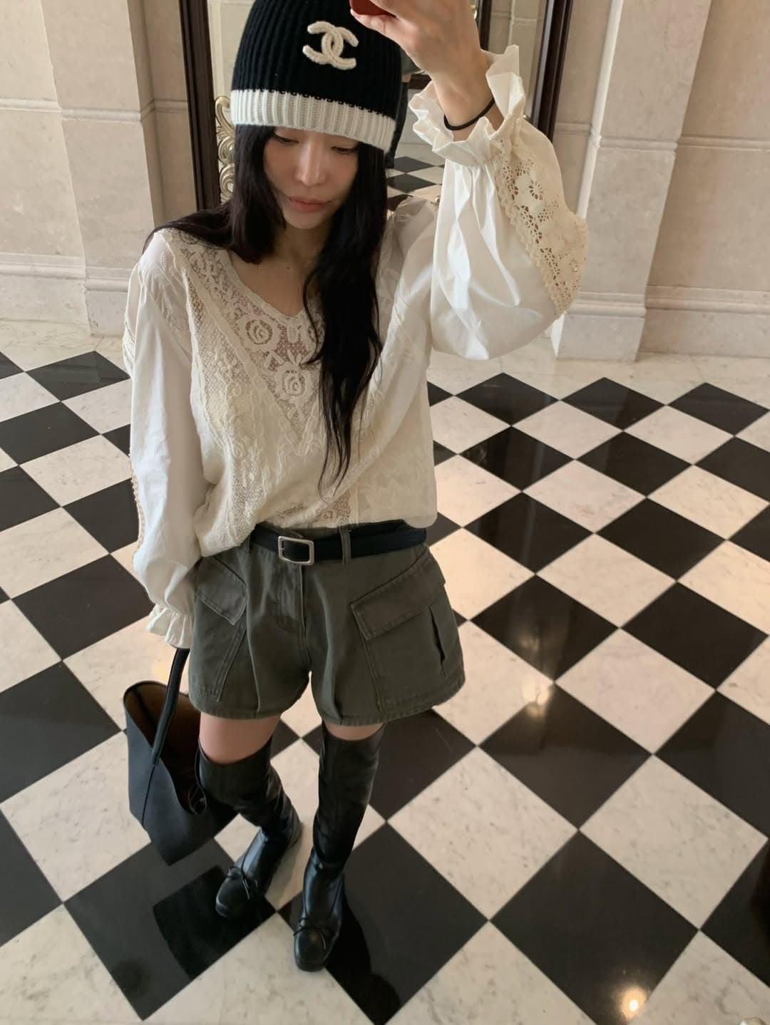 있음 밖으로 한 부서 레트로 레이스 훅 제직 패치워크 V넥 홀로우 아웃 거품 소매 맨위 상세 이미지 15