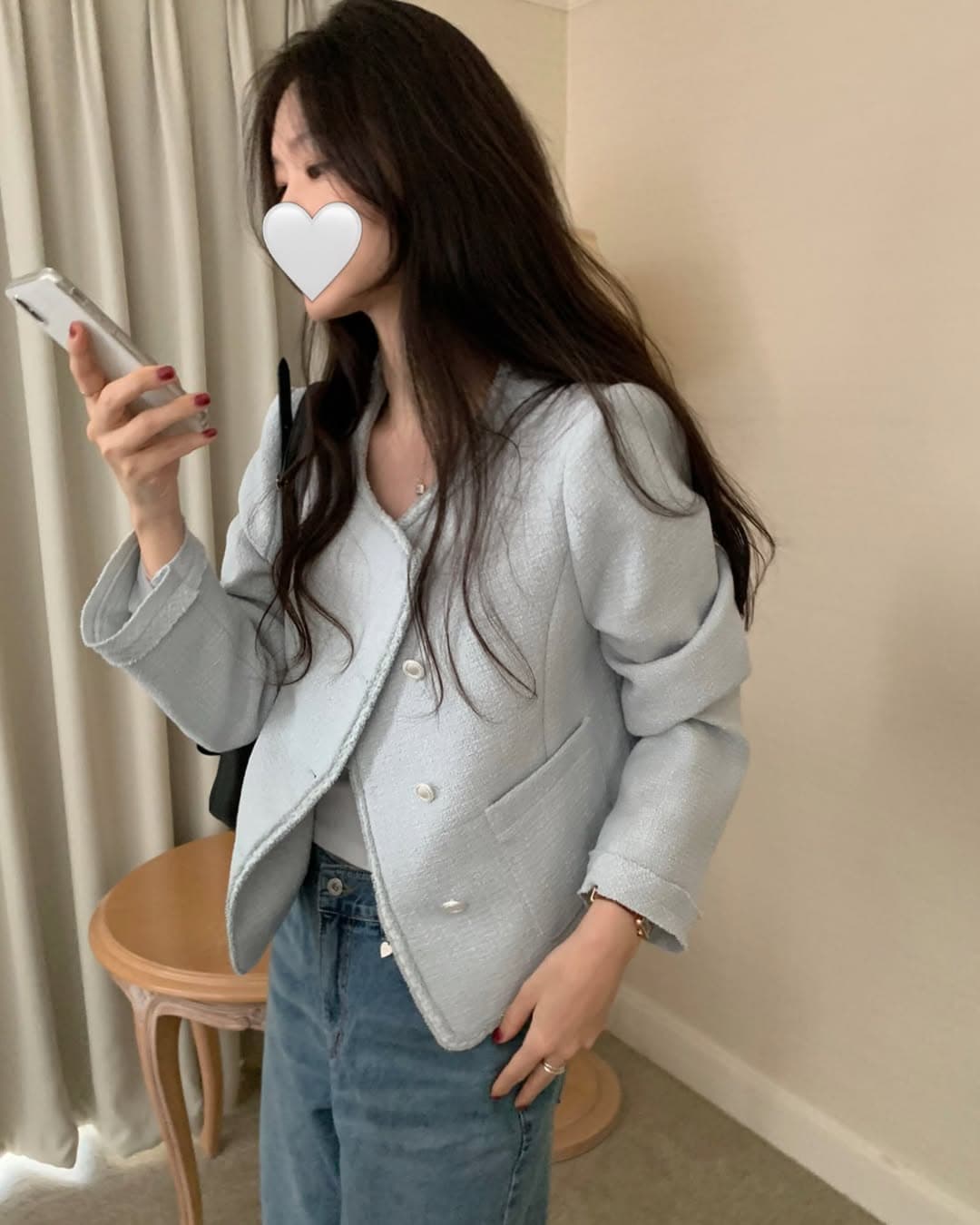 있음 밖으로 크기 업데이트 한 부서 품격 트위드 라운드 넥 긴팔 재킷 상세 이미지 1