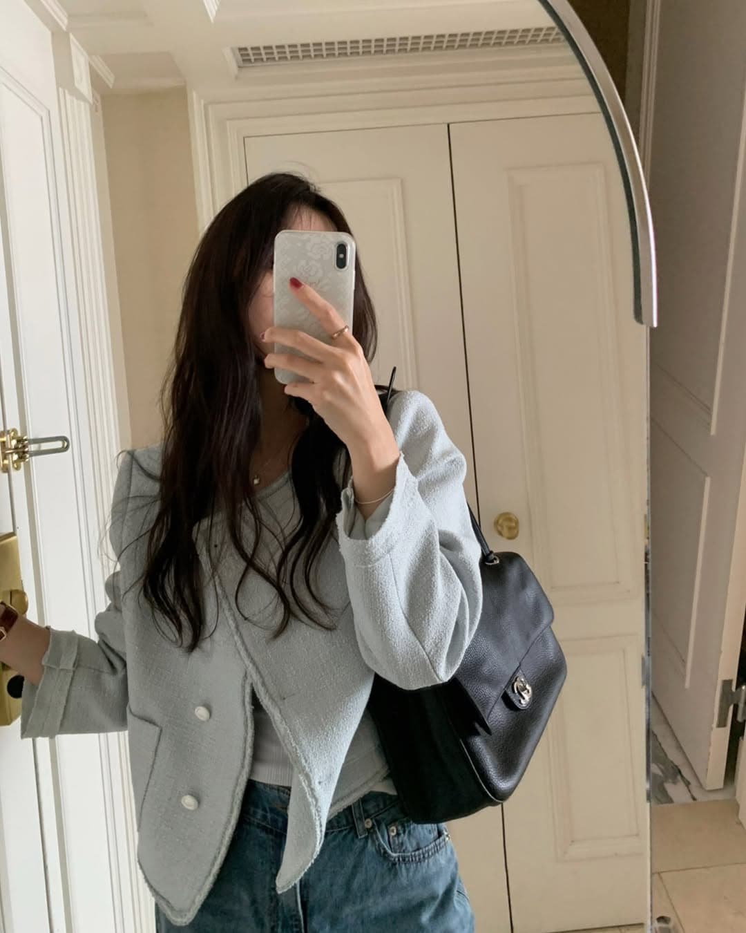 있음 밖으로 크기 업데이트 한 부서 품격 트위드 라운드 넥 긴팔 재킷 상세 이미지 7