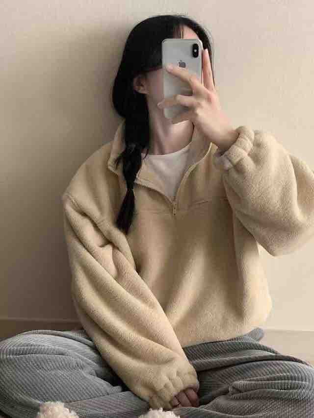 있음 선적 한 부서 소프트 반하이넥 이전 지퍼 풀오버 긴팔 플러시 셔츠 상세 이미지 1