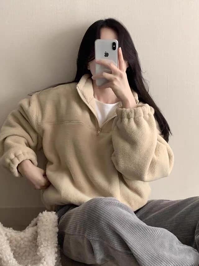 있음 선적 한 부서 소프트 반하이넥 이전 지퍼 풀오버 긴팔 플러시 셔츠 상세 이미지 3