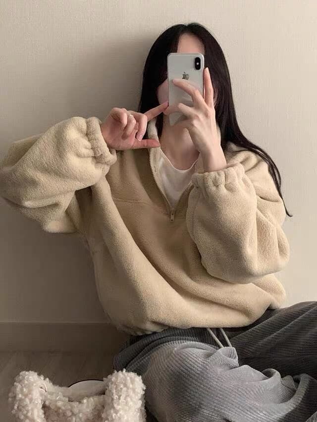 있음 선적 한 부서 소프트 반하이넥 이전 지퍼 풀오버 긴팔 플러시 셔츠 상세 이미지 4