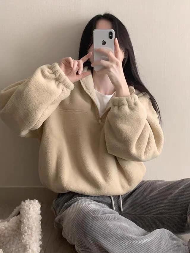 있음 선적 한 부서 소프트 반하이넥 이전 지퍼 풀오버 긴팔 플러시 셔츠 상세 이미지 5