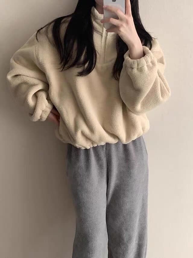 있음 선적 한 부서 소프트 반하이넥 이전 지퍼 풀오버 긴팔 플러시 셔츠 상세 이미지 6