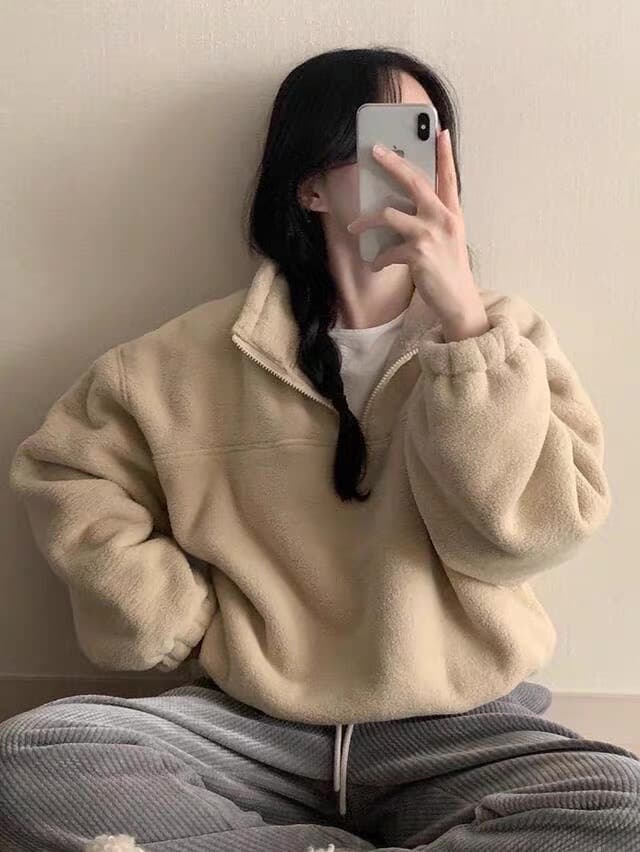있음 선적 한 부서 소프트 반하이넥 이전 지퍼 풀오버 긴팔 플러시 셔츠 상세 이미지 7