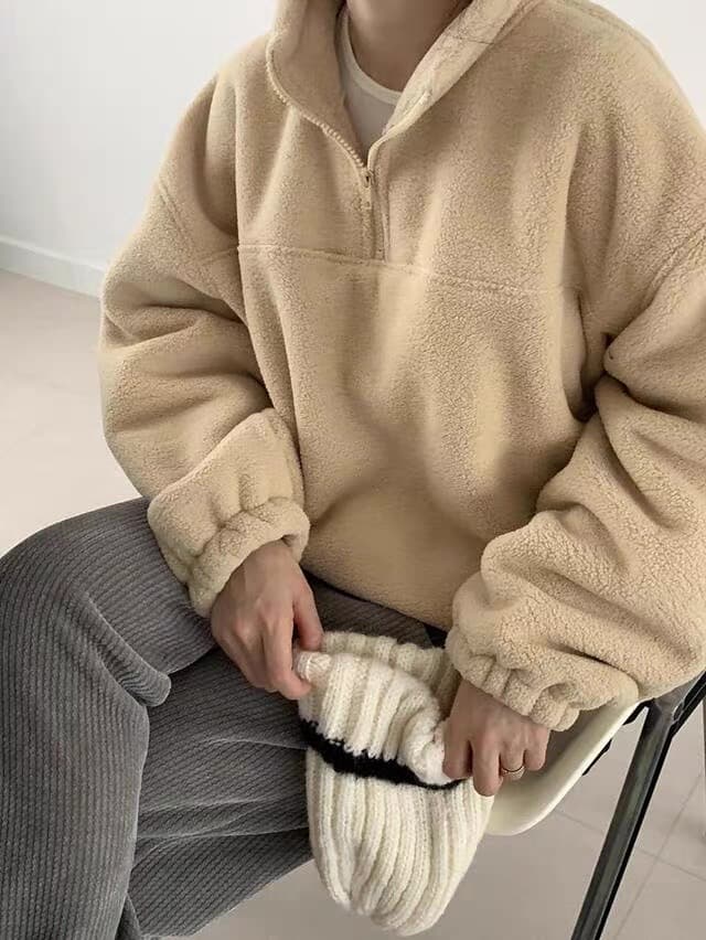 있음 선적 한 부서 소프트 반하이넥 이전 지퍼 풀오버 긴팔 플러시 셔츠 상세 이미지 9