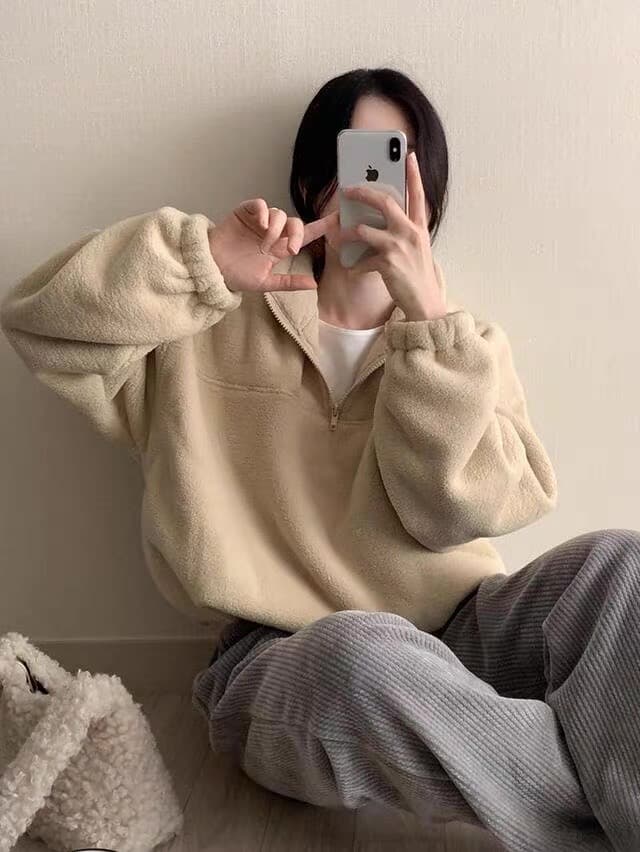 있음 선적 한 부서 소프트 반하이넥 이전 지퍼 풀오버 긴팔 플러시 셔츠 상세 이미지 10
