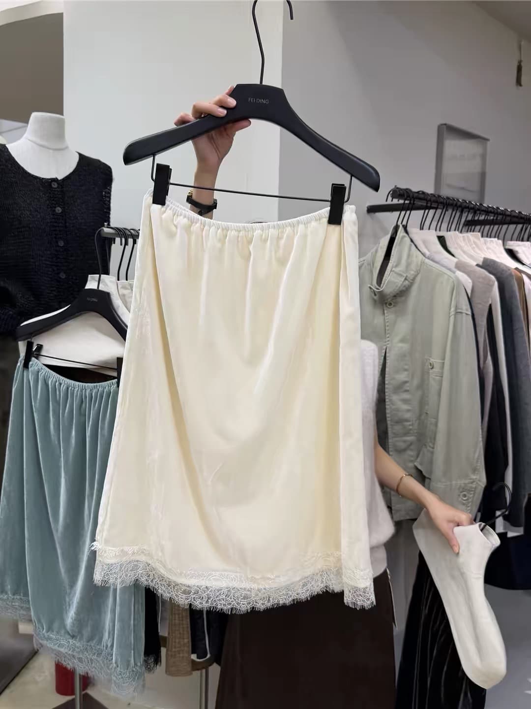 있음 선적 한 부서 분위기 센스 벨벳 패치워크 레이스 미니멀리즘 반신 스커트 허리밴드 이미지 4