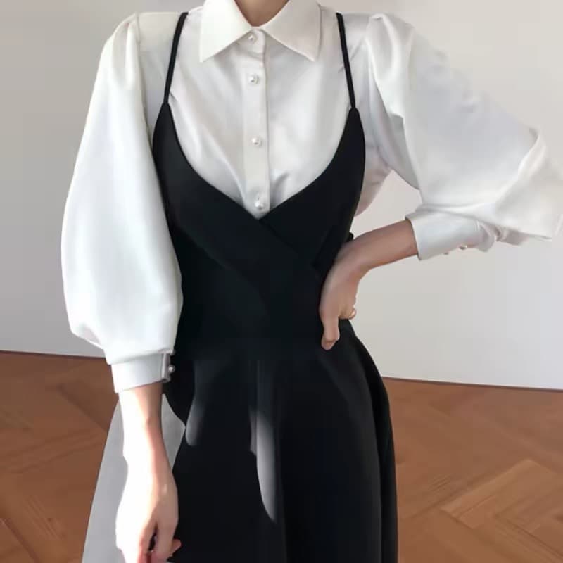 있음 선적 한 부서 폴로 칼라 싱글 줄 버튼 벌룬 소매 셔츠 나비 매듭 큰 진자 종류 슬립 드레스 이미지 2