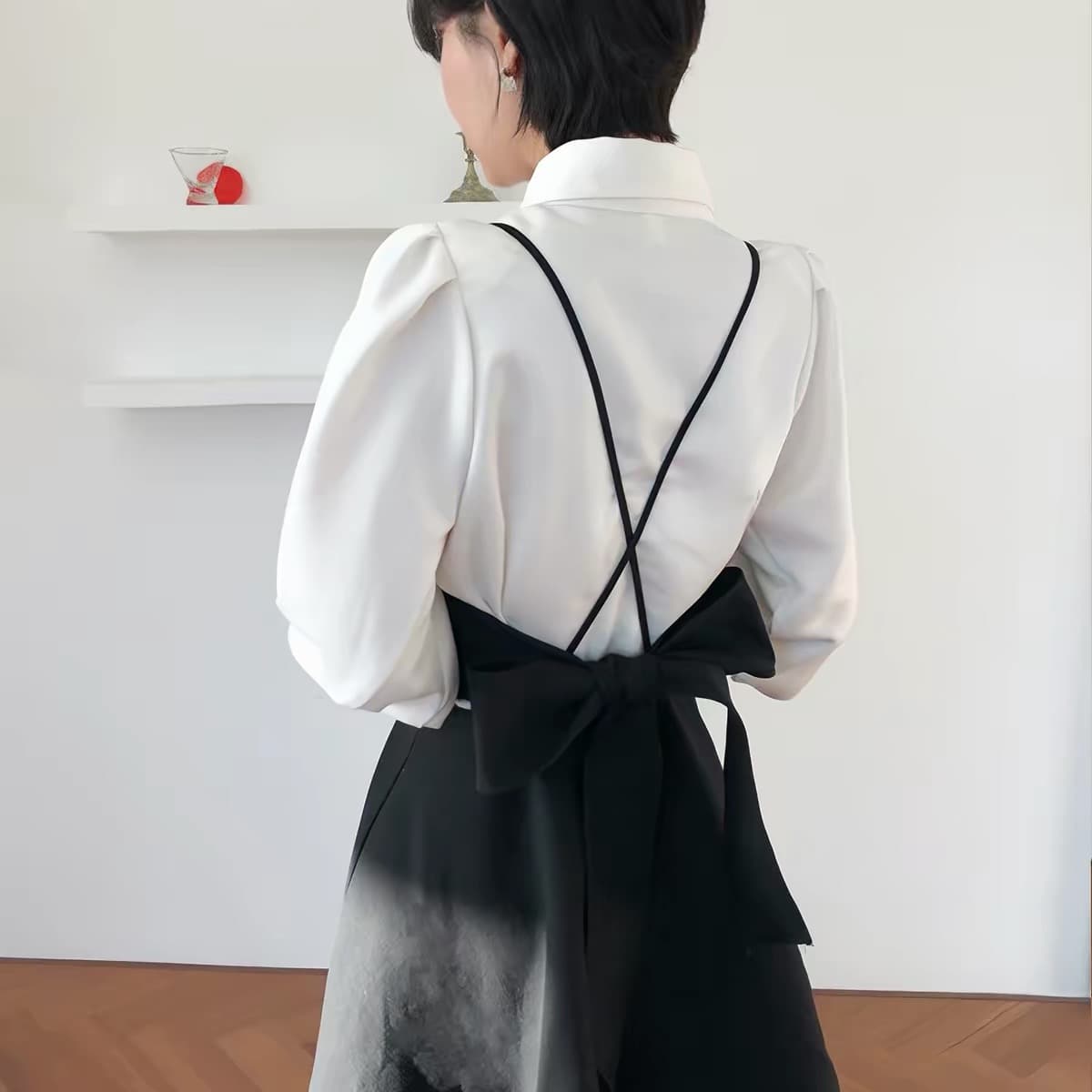 있음 선적 한 부서 폴로 칼라 싱글 줄 버튼 벌룬 소매 셔츠 나비 매듭 큰 진자 종류 슬립 드레스 이미지 3