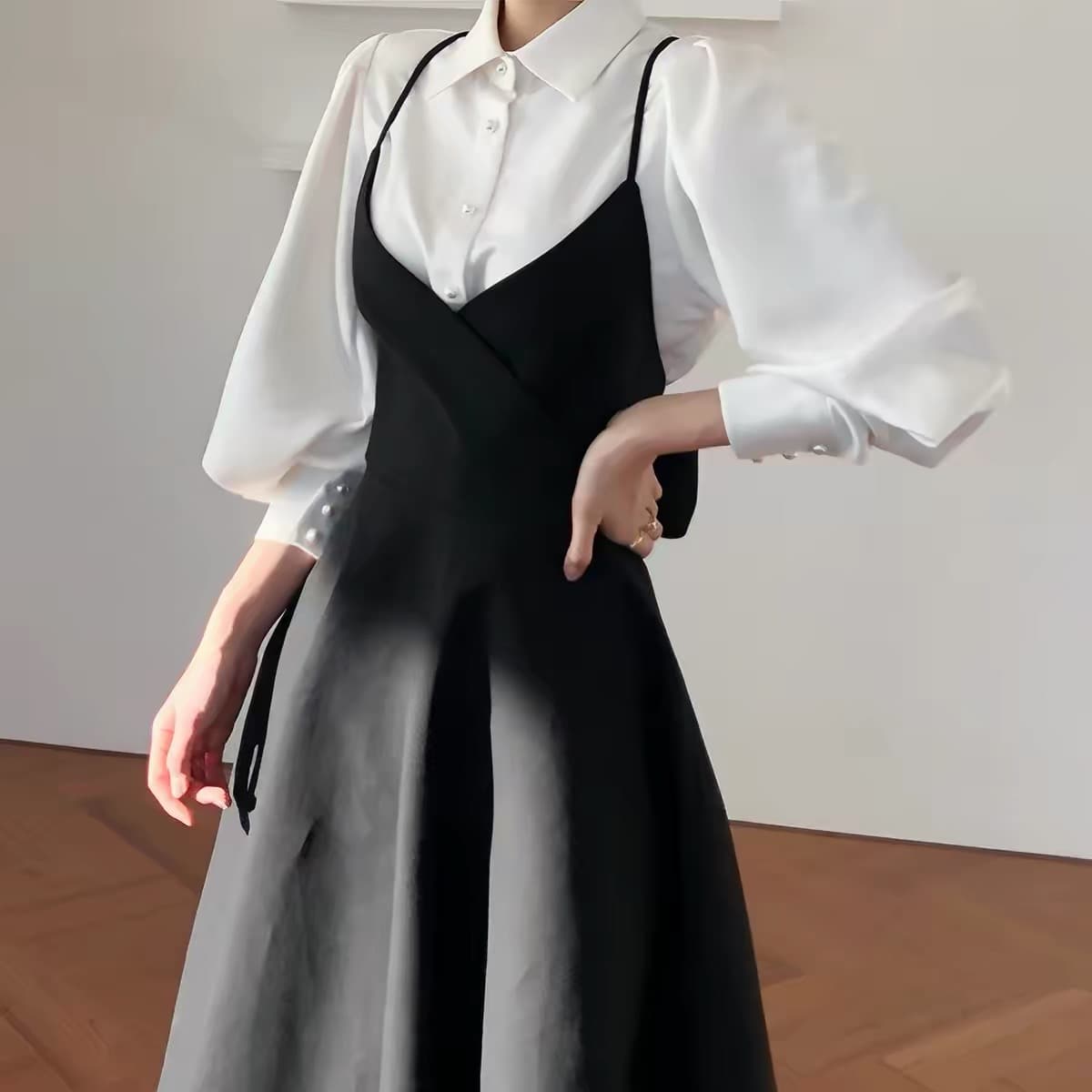 있음 선적 한 부서 폴로 칼라 싱글 줄 버튼 벌룬 소매 셔츠 나비 매듭 큰 진자 종류 슬립 드레스 이미지 4