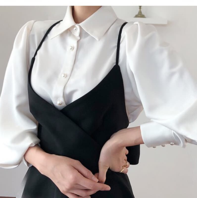 있음 선적 한 부서 폴로 칼라 싱글 줄 버튼 벌룬 소매 셔츠 나비 매듭 큰 진자 종류 슬립 드레스 상세 이미지 1
