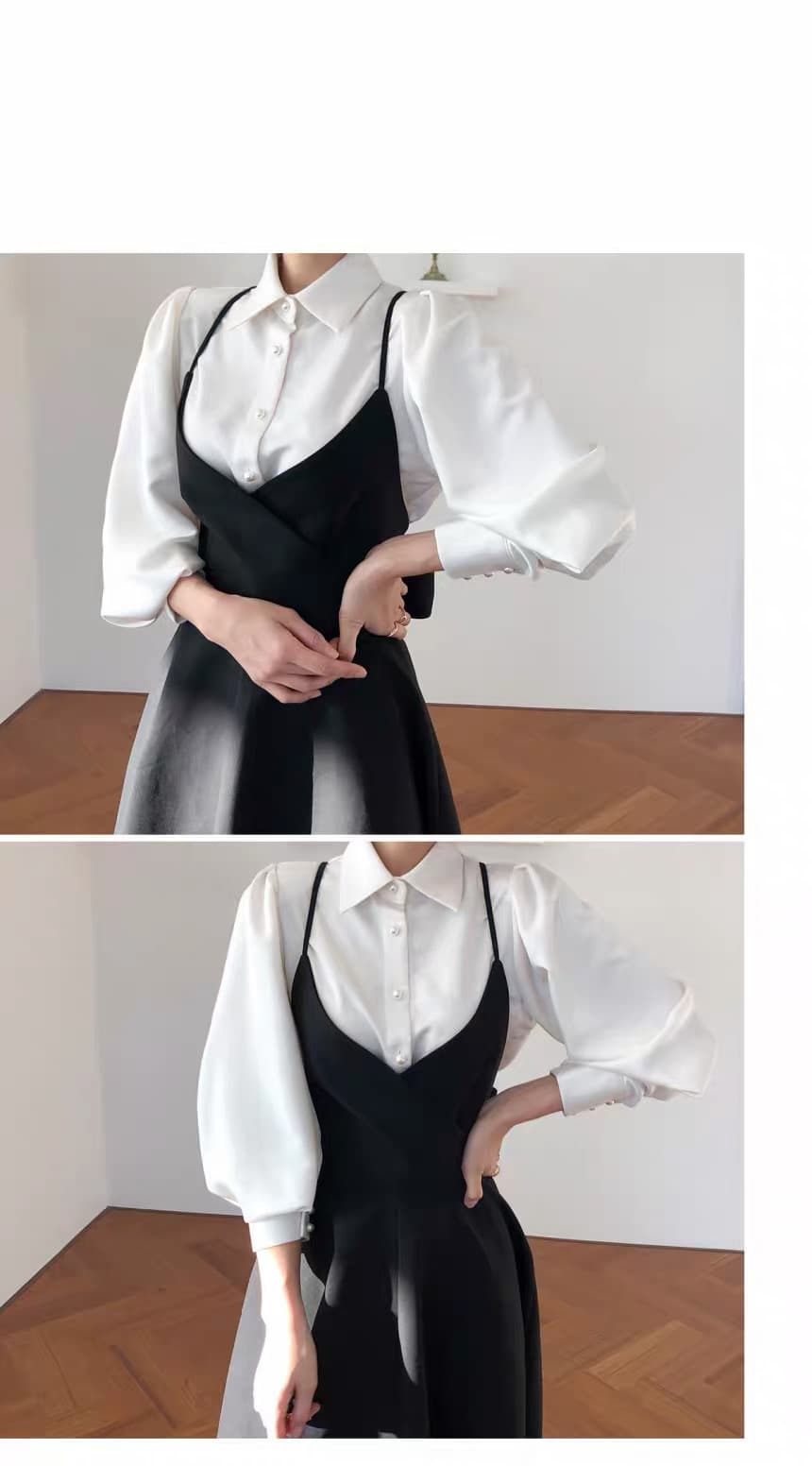 있음 선적 한 부서 폴로 칼라 싱글 줄 버튼 벌룬 소매 셔츠 나비 매듭 큰 진자 종류 슬립 드레스 상세 이미지 3