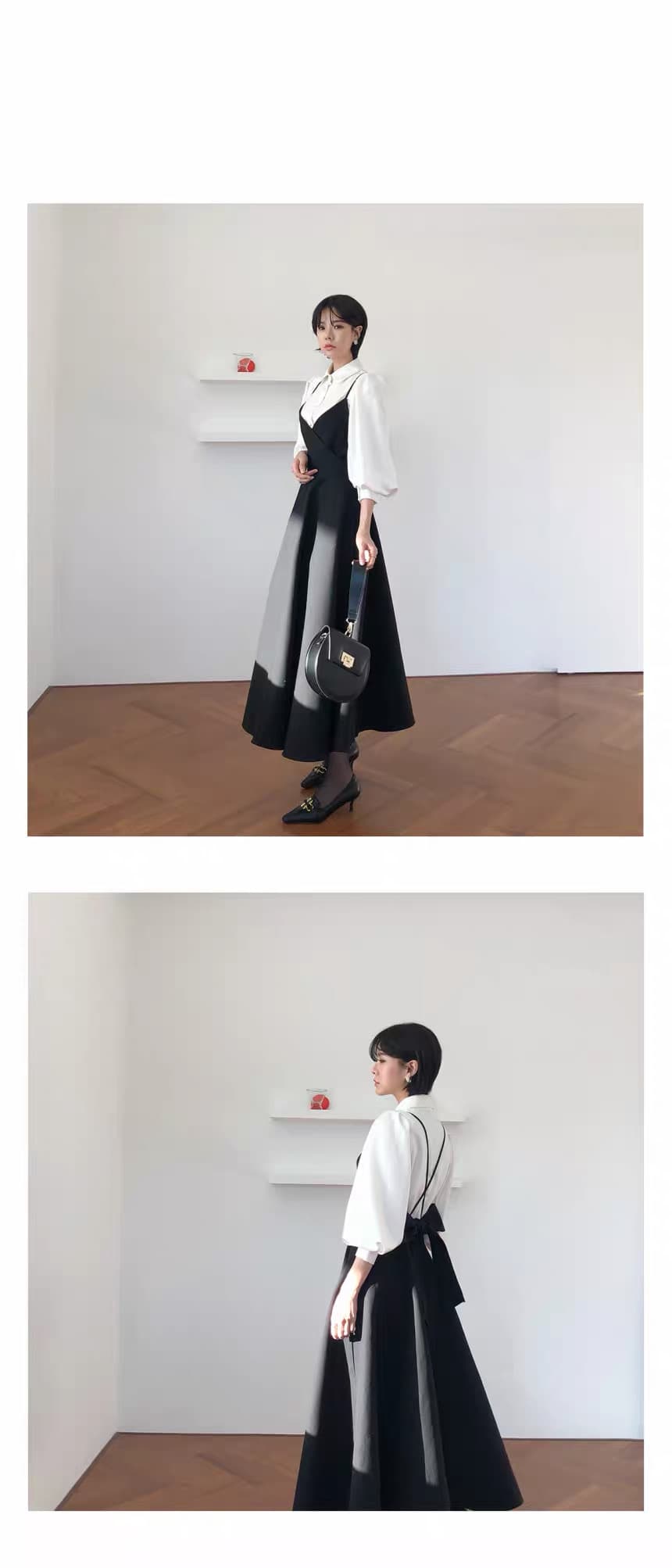 있음 선적 한 부서 폴로 칼라 싱글 줄 버튼 벌룬 소매 셔츠 나비 매듭 큰 진자 종류 슬립 드레스 상세 이미지 5