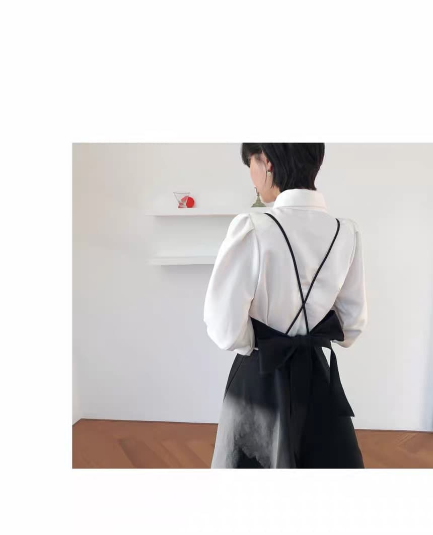 있음 선적 한 부서 폴로 칼라 싱글 줄 버튼 벌룬 소매 셔츠 나비 매듭 큰 진자 종류 슬립 드레스 상세 이미지 6