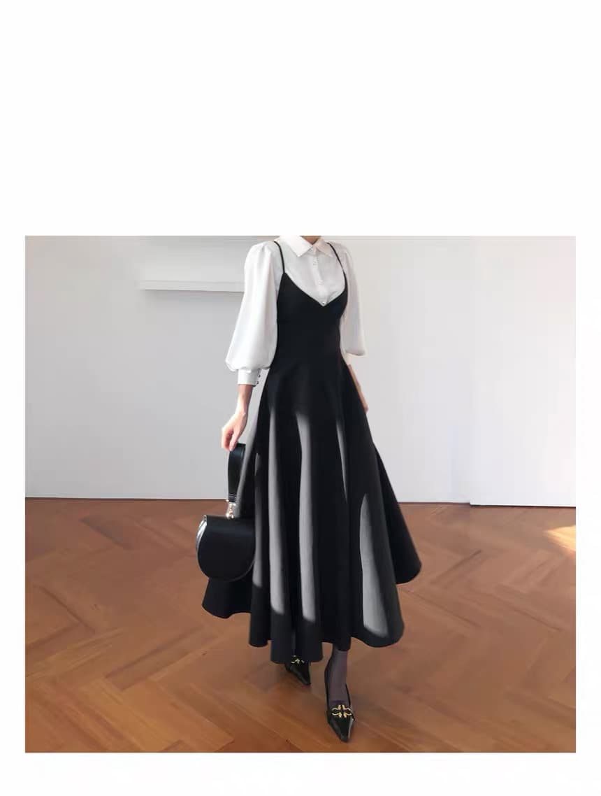 있음 선적 한 부서 폴로 칼라 싱글 줄 버튼 벌룬 소매 셔츠 나비 매듭 큰 진자 종류 슬립 드레스 상세 이미지 8