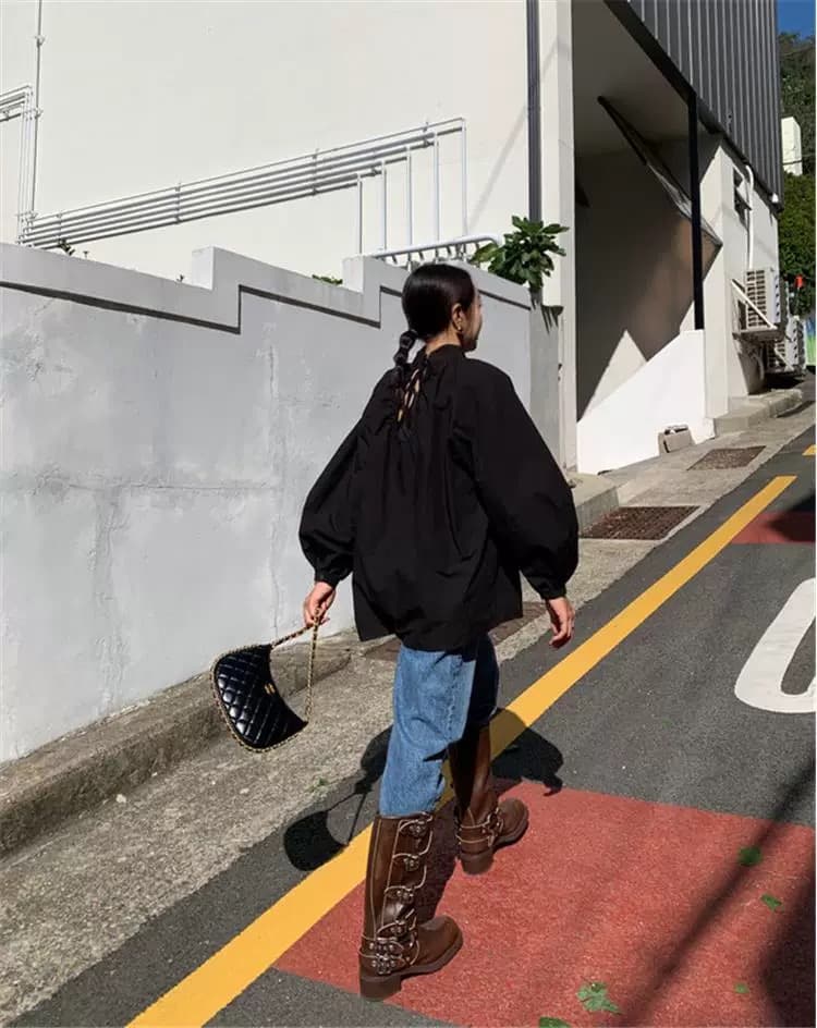 있음 선적 한 부서 느긋한 바람 작은 스탠드 칼라 이후 레이스업 벌룬 소매 긴팔 맨위 상세 이미지 6